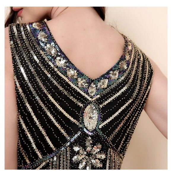 1920s Gatsby Flapper Gothic Black and Silver Sequins Dress Size S* - Picture 3 of 10